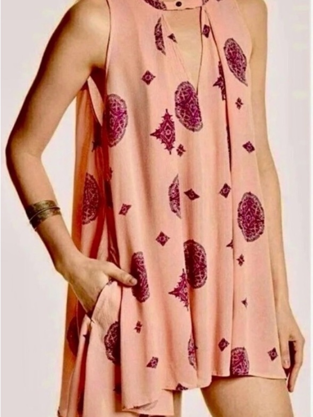 Free People Pink Mini Dress with Burgundy Medallion Print